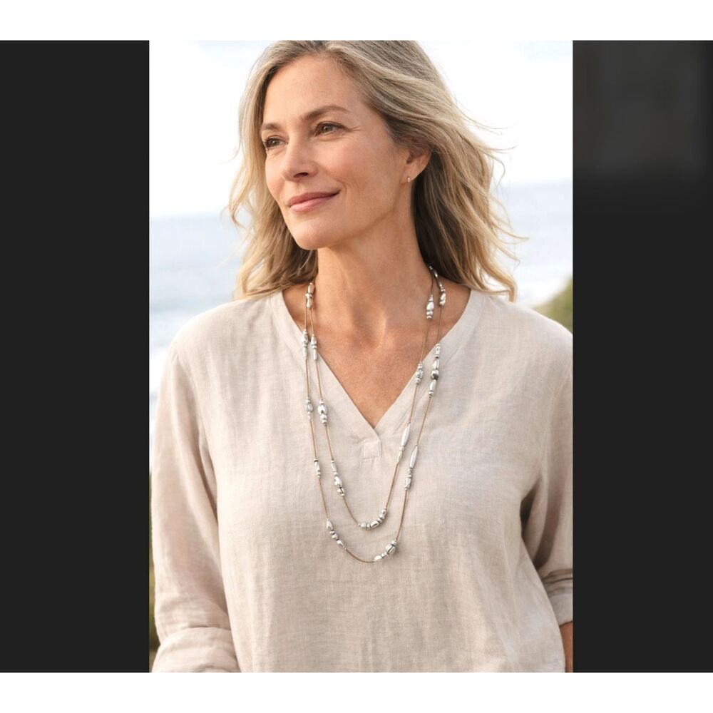 J Jill Long Beaded Necklace Silver Tone Layered Cord Adjustable Boho Coastal NWT